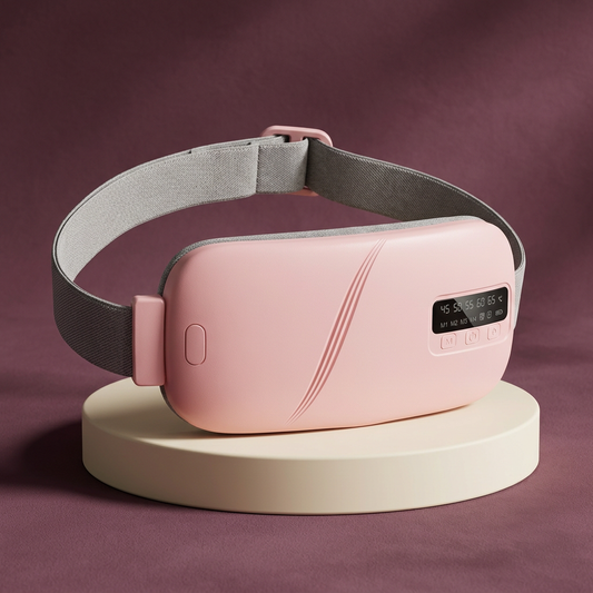OwnFlo heat and massage relief belt on an ivory plinth